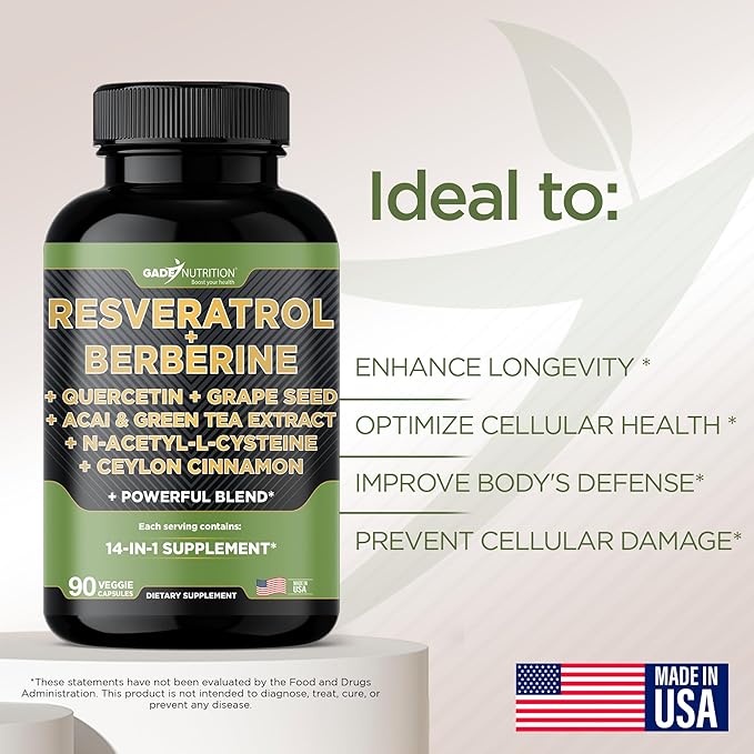 Gade Nutrition Resveratrol Berberine Quercetin Grape Seed Extract Green Tea Extract N-Acetyl Cysteine - 14 in 1 Complex Supplement for Women & Men with Potent Antioxidants - Made in USA