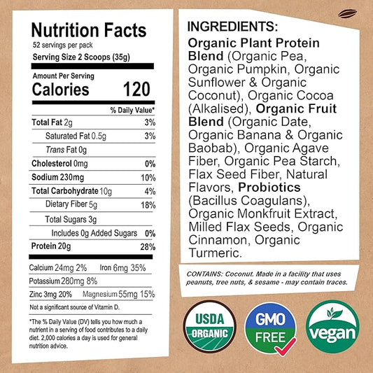 EarthChimp Organic Vegan Protein Powder - with Probiotics - Non GMO, Dairy Free, Non Whey, Plant Based Protein Powder for Women and Men, Gluten Free - 52 Servings 64 Oz (Chocolate) No Scoop