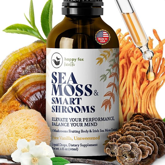 HAPPY FOX Irish Sea Moss Liquid Drops & Mushroom Tincture - Seamoss with 7 Adaptogenic Mushroom Extracts for Cognitive Support & Gut Health, Mushroom Coffee Elixir, Pure Vanilla Flavor