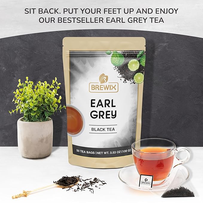 BREWIX, Earl Grey Black Tea (50 Pyramid Tea Bags) Black Tea with Bergamot | Gluten Free, Energizing & Caffeinated | Sugar-Free, High Caffeine | Gourmet Tea