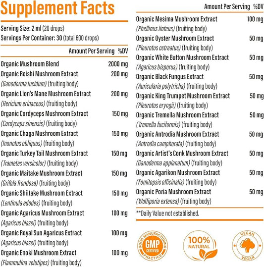 Liposomal Mushroom Complex Drops 2000 MG - 20 Organic Mushroom Extracts - Advanced Liquid Formula for Immunity, Cognitive and Memory - Lions Mane Supplement, Reishi, Cordyceps, Chaga, 60 Servings