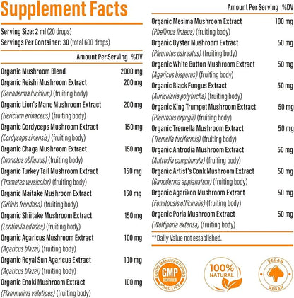 Liposomal Mushroom Complex Drops 2000 MG - 20 Organic Mushroom Extracts - Advanced Liquid Formula for Immunity, Cognitive and Memory - Lions Mane Supplement, Reishi, Cordyceps, Chaga, 120 Servings