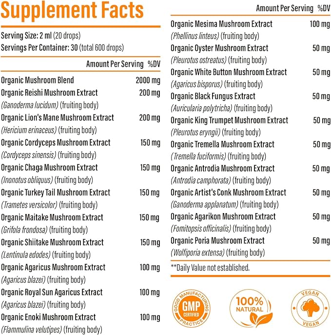 Liposomal Mushroom Complex Drops 2000 MG - 20 Organic Mushroom Extracts - Advanced Liquid Formula for Immunity, Cognitive and Memory - Lions Mane Supplement, Reishi, Cordyceps, Chaga, 30 Servings
