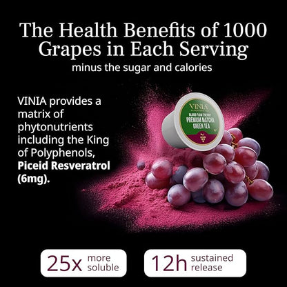 VINIA Premium Matcha + Green Tea K-Cup Pods, Made with Organic Tea, Infused with Piceid Resveratrol for Heart Health, Nitric Oxide, Physical Energy, Alertness, Blood Flow, Keto, Kosher, NON-GMO. 30 Ct