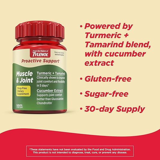 Tylenol Proactive Support* Muscle & Joint Supplements, Drug Free, Tamarind + Turmeric Supplement + Cucumber Extract to Improve Joint Comfort & Flexibility*, 30 ct