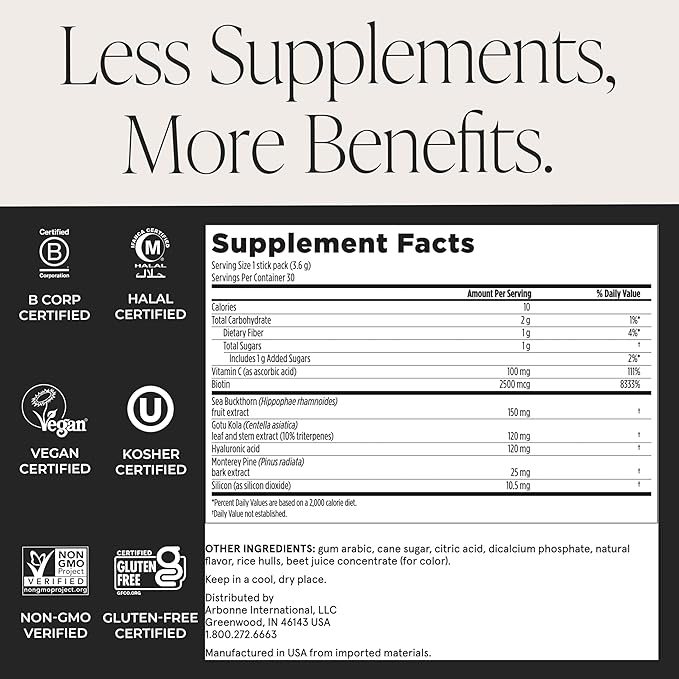 Arbonne SkinElixir Collagen Powder Builder - Açaí-Flavored Vegan Supplement for Women with Hyaluronic Acid, Vitamin C, Biotin & Antioxidants - Supports Healthy Skin, Hair & Nails - 30 Stick Packs