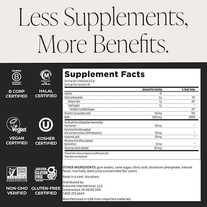 Arbonne SkinElixir Collagen Powder Builder - Açaí-Flavored Vegan Supplement for Women with Hyaluronic Acid, Vitamin C, Biotin & Antioxidants - Supports Healthy Skin, Hair & Nails - 30 Stick Packs