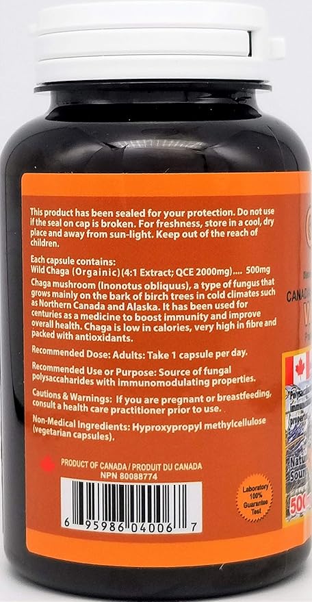 Wild Chaga Supplement 500 mg 120 vegecaps (Made in Canada)