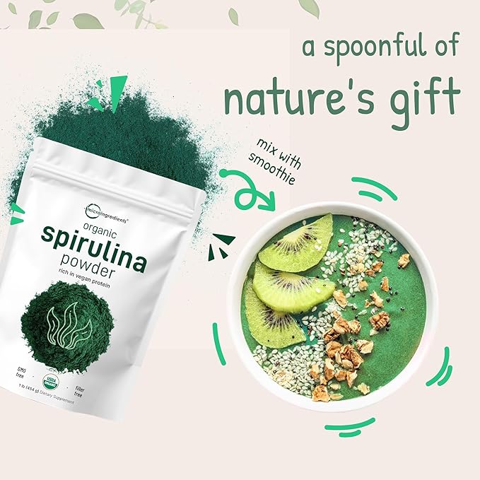Micro Ingredients Organic Spirulina Powder, 1lb | Blue-Green Algae, Rich in Vegan Protein, Vitamins & Minerals | Source of Natural Chlorophyll & Enzymes | Non-GMO, Gluten-Free, No Additives