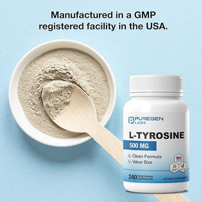Puregen Labs L-Tyrosine 500 mg, Total - 480 Vegetable Capsules | No Harmful Additives | Brain & Nervous System Support, Non-GMO, Vegan, Gluten Free, Dairy Free - 480 Servings - Made in USA