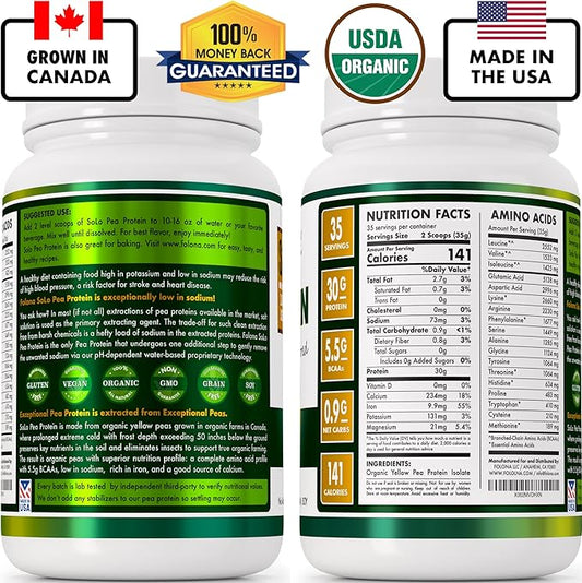 SOLO Organic Pea Protein Isolate, Low in Sodium, Canada Grown Peas, 100% Vegan, Non-GMO, Unflavored Plant Based Protein Powder with BCAA, Keto & Paleo Friendly, Easy to Digest, No Additives (2.7 lbs)