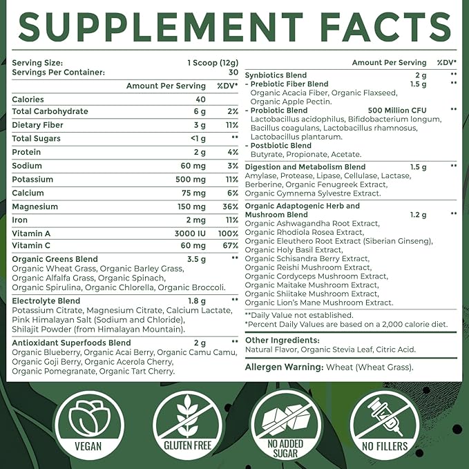 Electrolytes Powder Plus Super Greens & Tonic Herbs - Low Sugar Electrolyte Drink Mix for Hydration, Energy, Gut & Immune - with Shilajit, Chlorella, Organic Greens, Adaptogens -Unflavored-30 Servings