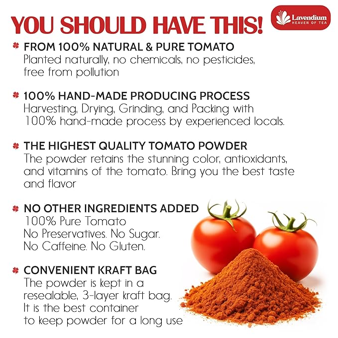 Lavendium, Premium 1.56 lbs (25oz) Tomato Powder – 100% Pure Dehydrated Tomato – Non-GMO, Vegan, Gluten-Free, No Additives – Rich Color & Flavor – Great for Cooking, Seasoning, Sauces & More