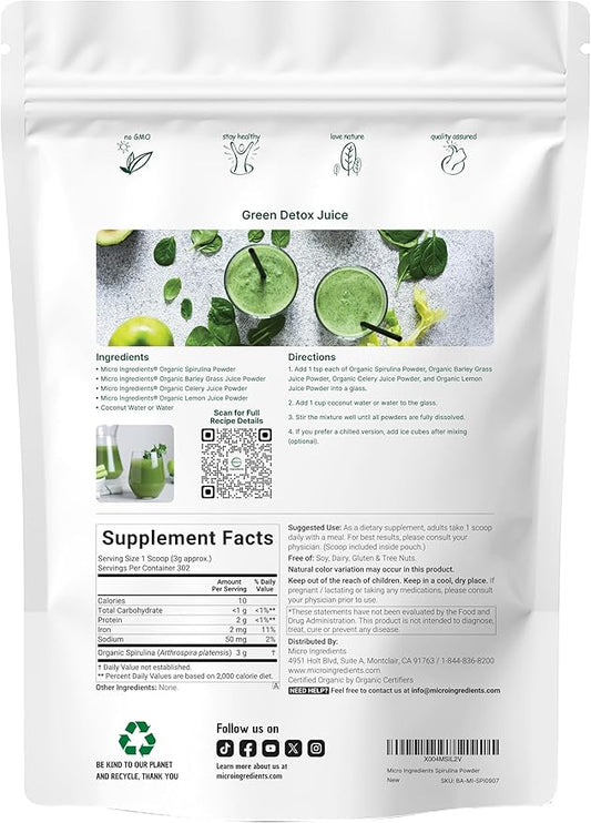 Organic Spirulina Powder, 2lbs | Raw Blue Green Algae | Superfood Rich in Vegan Protein, Antioxidants, Vitamins, & Minerals | Natural Source of Chlorophyll & Enzymes | Non-GMO, Filler Free