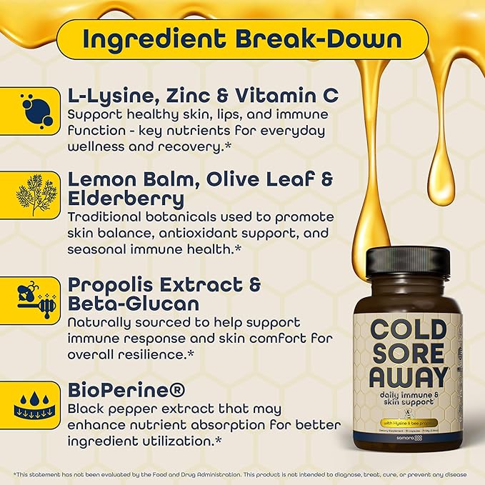 L Lysine Cold Sore Treatment Support, Herbal Cold Sore Supplement w/Zinc Picolinate, Olive Leaf Extract, Beta Glucan, & Bee Propolis for Skin & Lip Health, 90 Capsules
