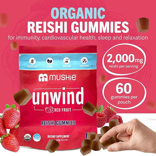 Mushie 100% Organic Reishi Mushroom Gummies - 2000mg Reishi Nootropic for Relaxation, Sleep, Cardiovascular Health & Immune Support with Vitamin D - Vegan, Gluten-Free - 60 Count