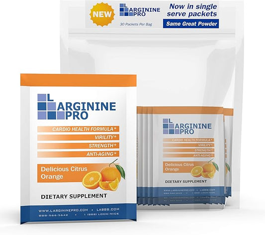 L-ARGININE PRO Supplement Powder | 30 Packets Single Serve Travel Size | 5,500mg of L-arginine Plus 1,100mg L-Citrulline, Orange