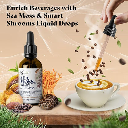 HAPPY FOX Irish Sea Moss Liquid Drops & Mushroom Tincture - Seamoss with 7 Adaptogenic Mushroom Extracts for Cognitive Support & Gut Health, Mushroom Coffee Elixir, Dark Chocolate Flavor