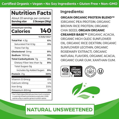 Orgain Organic Unflavored Vegan Protein Powder, Natural Unsweetened - 21g of Plant Based Protein, Non Dairy, Gluten Free, No Sugar Added, Soy Free, Non-GMO, 1.59 lb (Packaging May Vary)