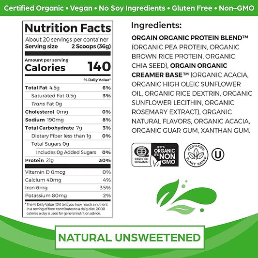 Orgain Organic Unflavored Vegan Protein Powder, Natural Unsweetened - 21g of Plant Based Protein, Non Dairy, Gluten Free, No Sugar Added, Soy Free, Non-GMO, 1.59 lb (Packaging May Vary)