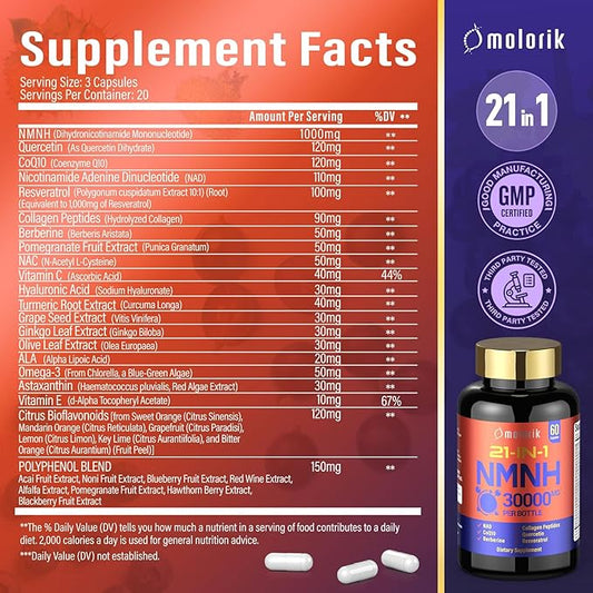NMNH Supplement, 21-in-1 Dihydronicotinamide Mononucleotide, 1000mg Per Serving NAD+ Support, Gluten Free Supports Healthy Aging, Cellular Energy & Immune Health - 20 Servings