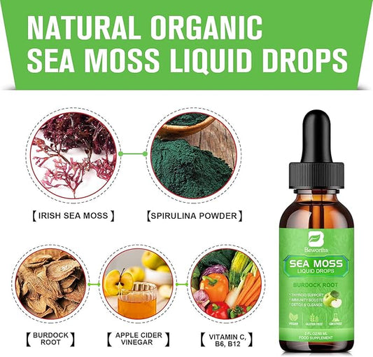 Sea Moss Liquid Drops - Organic Irish Sea Moss Gel with Burdock Root, ACV, Vitamin C, B12, Seamoss Gel Supplement for Boost Defense System, Detox Cleanse & Digestive Support - 2 Fl Oz