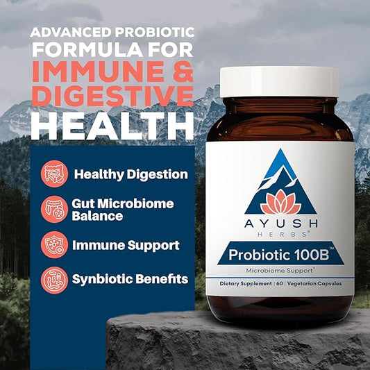 Ayush Herbs Probiotic 100B - Probiotics for Women, Probiotics for Men, Prebiotics and Probiotics for Digestive Health, Gas Relief, Gut Microbiome Balance - 60 Vegetarian Capsules (1 Count)