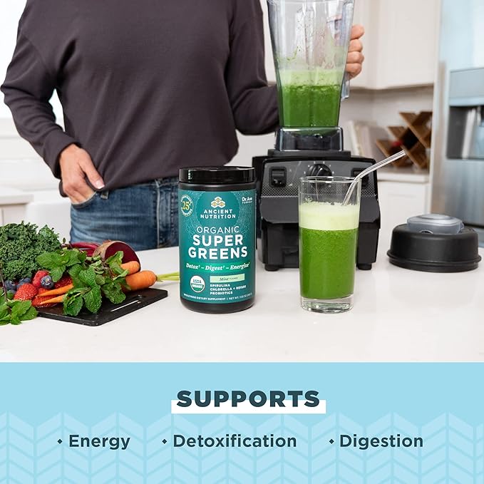 Ancient Nutrition SuperGreens Powder with Probiotics, Organic Peppermint Flavor Greens, Made from Real Fruits, Vegetables and Herbs, for Digestive and Energy Support, 25 Servings, 7.23oz