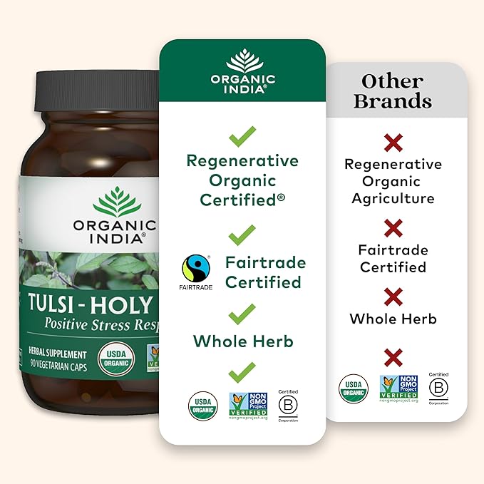 ORGANIC INDIA Tulsi Holy Basil Capsules - Holy Basil Extract - Holy Basil Leaf Supplement, Herbal Supplement, Immune Support, Stress Relief, Vegan, Gluten-Free, Kosher, Organic, Non-GMO - 90 Capsules