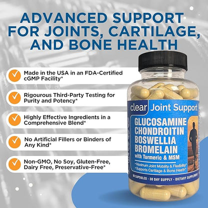 Glucosamine Chondroitin MSM with Turmeric 180 Capsules - Joint Supplements for Women & Men – with Boswellia, Quercetin – Clear Joint Support Supplement for Flexibility, Mobility, Cartilage Repair
