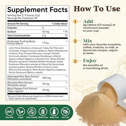 Fidus 16 Mushroom Supplement Powder with 17,300mg, 90 Servings Mushroom Coffee Alternative for Immunity, Focus & Energy with Ashwagandha, Lion's Mane, Chaga, Reishi and Cordyceps, 100% Fruiting Bodies