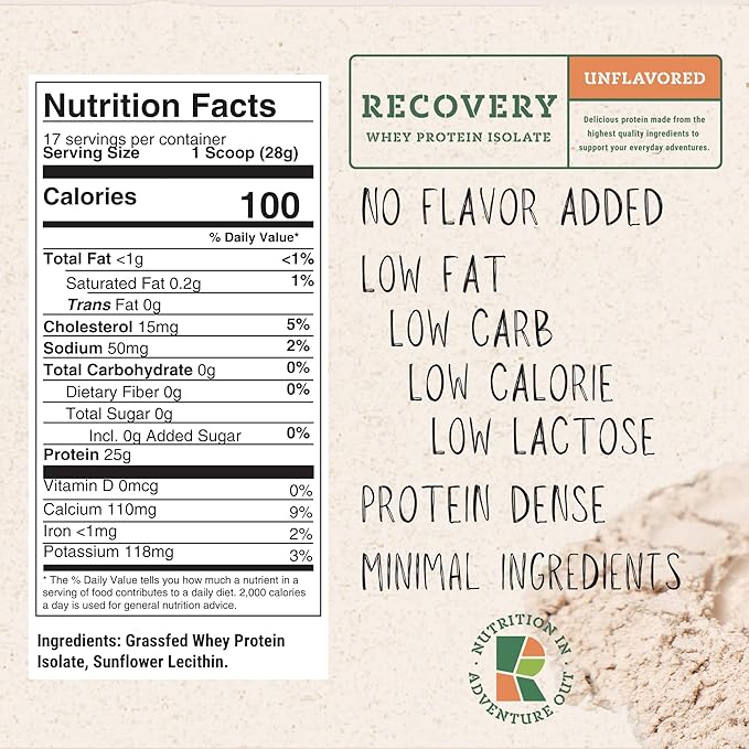 Whey Protein Isolate - Grass-Fed Protein Powder for Recovery - 22g of Protein - 17 Servings (One Size, Unflavored)