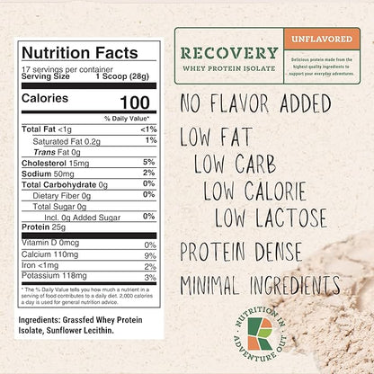 Whey Protein Isolate - Grass-Fed Protein Powder for Recovery - 22g of Protein - 17 Servings (One Size, Unflavored)