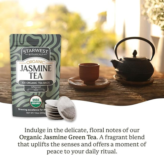 Starwest Botanicals Organic Jasmine Tea - Caffeinated Herbal Blend, Green Tea Scented with Natural Jasmine Flowers, Fragrant & Uplifting, Enjoy Hot or Iced, USDA Organic - Bulk Pack, 100 Tea Bags