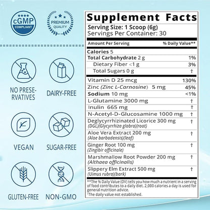 Leaky Gut Powder with L-Glutamine, Prebiotic, Licorice, Slippery Elm Bark for Gut Health & Digestive Health, Super Gut Powder Unflavoured - (30 Servings, 6.30 Oz)