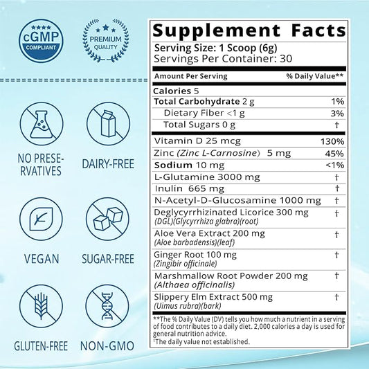 Leaky Gut Powder with L-Glutamine, Prebiotic, Licorice, Slippery Elm Bark for Gut Health & Digestive Health, Super Gut Powder Unflavoured - (30 Servings, 6.30 Oz)