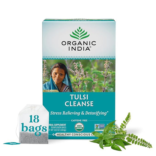 Organic India Tulsi Cleanse Herbal Tea - Holy Basil, Stress Relieving & Detoxifying, Immune Support, Adaptogen, Vegan, USDA Certified Organic, Non-GMO, Caffeine-Free - 18 Infusion Bags, 1 Pack