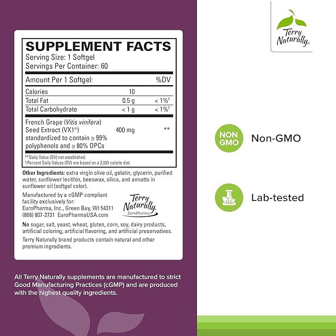Terry Naturally Clinical OPC Extra Strength - Healthy Heart & Artery Support - Aids Brain Health & Function for Focus and Concentration - Offers Antioxidant Activity - 400 mg, 90 Softgels
