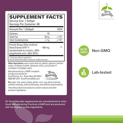 Terry Naturally Clinical OPC Extra Strength - Healthy Heart & Artery Support - Aids Brain Health & Function for Focus and Concentration - Offers Antioxidant Activity - 400 mg, 90 Softgels