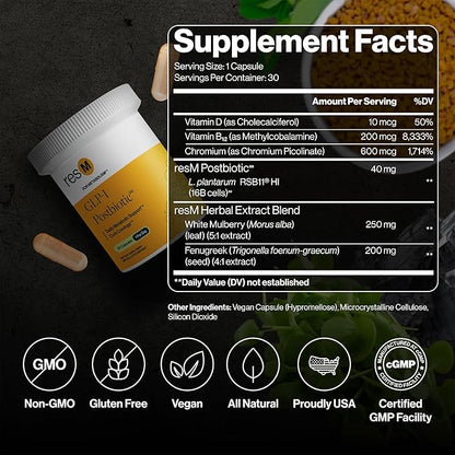 resM GLP-1 Postbiotic - GLP 1 Activate Supplement for Women & Men, GLP1 Activator & Supporter, Vegan Gut Health Vitamins, Daily Natural Metabolic Support - 30 Vegetarian Capsules (1 Bottle)