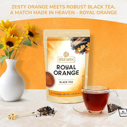 BREWIX, Royal Orange Spice Black Tea (25 Pyramid Tea Bags) | Tea with Orange and Spices | Premium Tea | Iced Tea Bags | Caffeinated And Sugar-Free