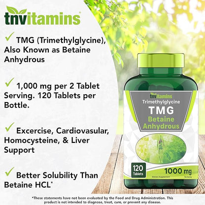 TMG Supplement 1000mg (Betaine Anhydrous) 120 Tablets | Better Than Betaine HCL* | Homocysteine Support* | Trimethylglycine | Non-GMO, Made in The USA!