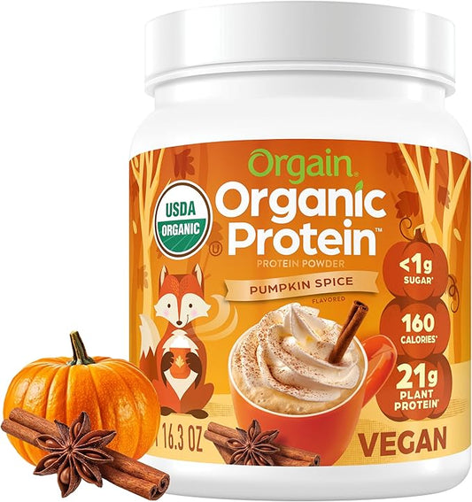 Orgain Organic Vegan Protein Powder, Pumpkin Spice - 21g of Plant Based Protein, Non Dairy, Gluten Free, 1g of Sugar, Soy Free, Kosher, Non-GMO, 1.02 Lb (Packaging May Vary)