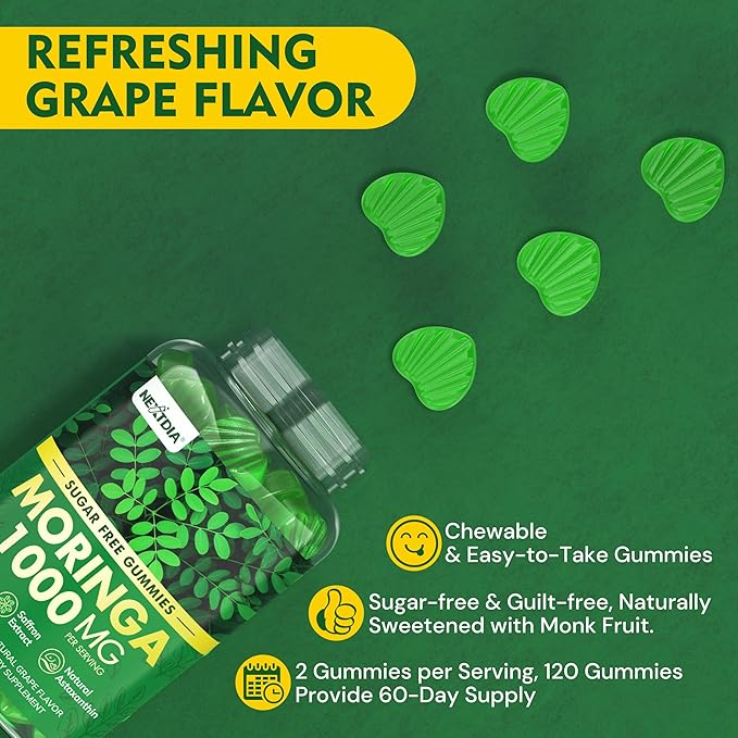 Organic Moringa Gummies 1000mg - Whole Food Green Superfood, Rich in Vegan Protein, Fiber, B-Complex, Potassium, Magnesium, Calcium - w/Spirulina, Saffron, Ashwagandha for Energy & Gut Health, 120Cts