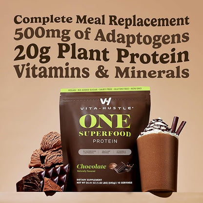 VitaHustle ONE Meal Replacement Shake - Plant Based Protein Powder by Kevin Hart - Vegan, Meal Replacement Powder with Superfoods, Vitamins, Adaptogens & Probiotics - Chocolate Flavor, 15 Servings