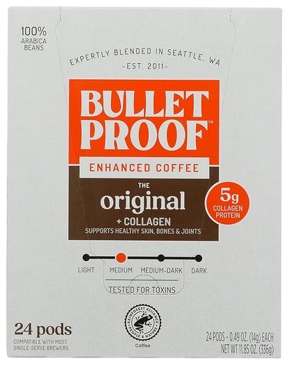 Bulletproof Coffee + Collagen Single-Serve Coffee Pods, 24 Count, Clean Coffee Tested for Toxins, Packaging May Vary