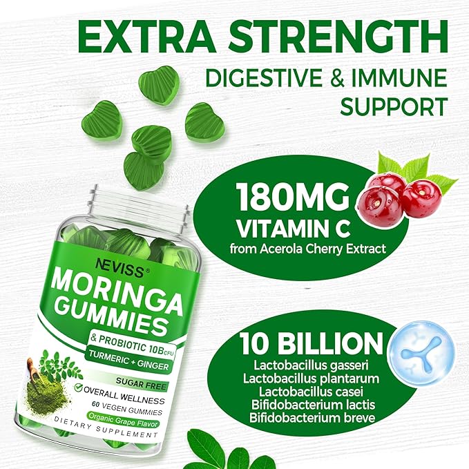 Sugar Free Moringa Gummies for Women Men with Probiotic Turmeric Ginger Ceylon Cinnamon, Chewable Organic Pure Moringa Leaf Supplement for Adults | Gut & Immune Support, Vegan, Grape Flavor, 120Cts