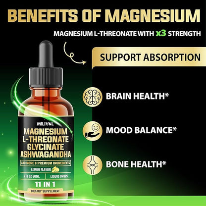 10in1 Magnesium L-Threonate Liquid Drops with Magnesium Glycinate, Ashwagandha, Vitamin D3, C, B6 & 4 Other Ingredients - 2 Fl Oz - Lemon Flavor