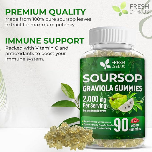 FRESHDRINKUS, Premium 90 Soursop Graviola Gummies, 2000mg per Serving, 45 Days Supply – 100% from Natural Soursop Graviola Leaves Extract, Vegan, Non-GMO, Gluten-Free (90 Gummies)