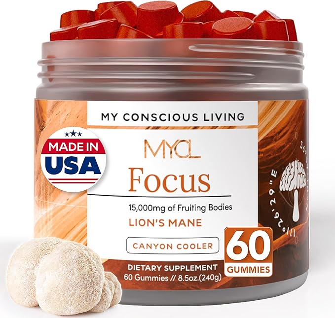 Lion’s Mane Mushroom Gummies for Focus, Memory & Clarity | 500mg Fruiting Body Extract per Serving | Brain Health & Cognitive Support | Organic, Vegan, Gluten-Free | Canyon Cooler Flavor | 30 Servings